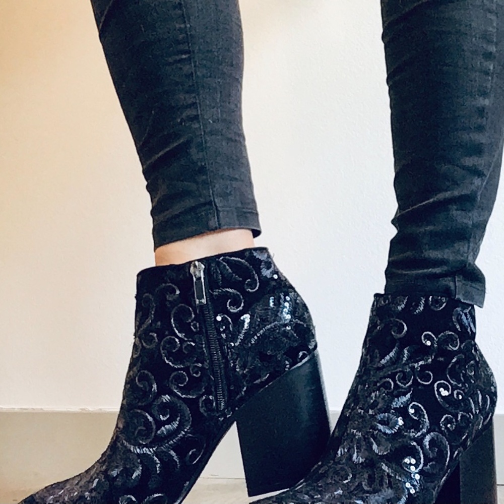 Ladies Black and Blue sequin heeled booties